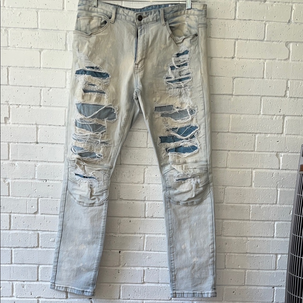 Smoke Rise Men’s Distressed Slim Straight Light Blue Jeans Rip & Repair Edgy